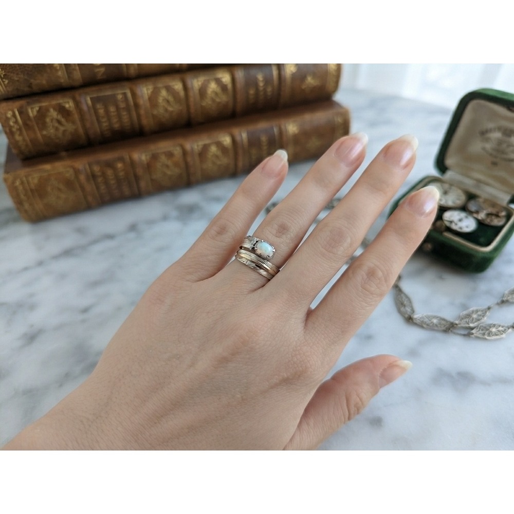 Bypass Ring with Man-Made Opal and Brass Stripe Accent NA Jewelry Sz 6US